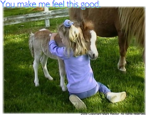 Filename ForBeingThere_100.jpg. A little girl hugging a new-born miniature horse foal. Image text - You make me feel this good.